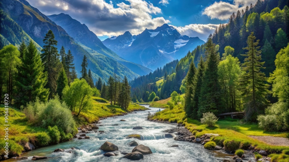 Obraz premium Tranquil mountain valley with a flowing stream running through lush trees , serene, peaceful, nature, landscape, scenic