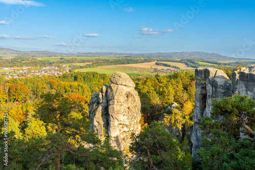 Sandstone rock formation named Orloj (astronomical clock), Marianska vyhlidka, Hruba Skala, Semily District, Liberec Region, Bohemia, Czech Republic (Czechia), Europe photo