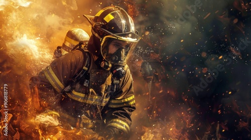 professional firefighter in suit in the middle of fire and smoke with copy space