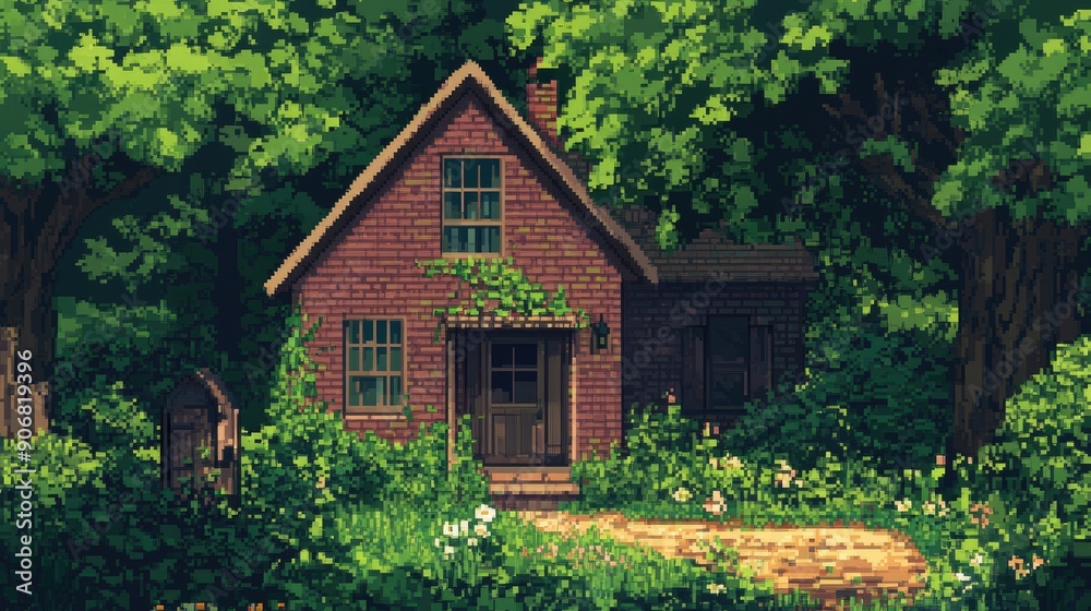 Pixel art of a cozy 8-bit house surrounded by greenery, ideal for a nostalgic, retro feel. Pixel art of a cozy 8-bit house surrounded by greenery, ideal for a nostalgic, retro feel.