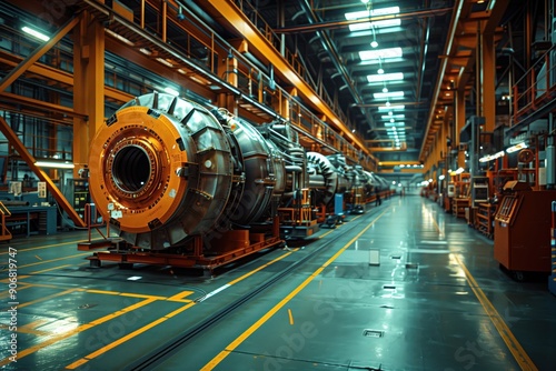 Aircraft Engine Manufacturing Plant. Interior view of an aircraft engine manufacturing plant, showing large engine components and the intricate engineering processes involved.