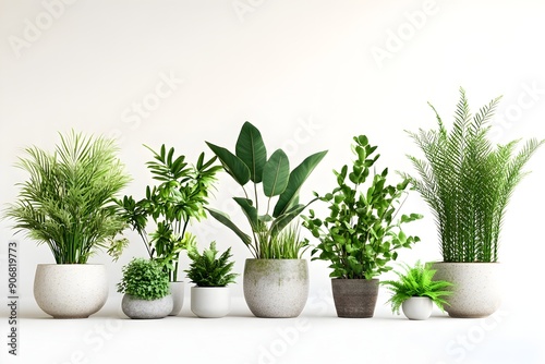 Assorted Potted Plants and Greenery Displayed on a White Surface