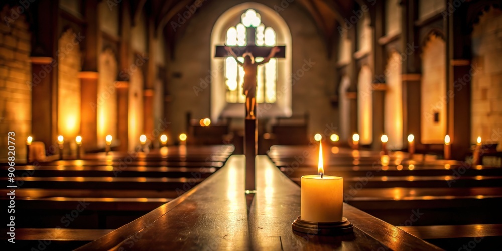 Dimly lit church interior with candlelight and large cross in background, candlelight, church, interior, cross, dim Dimly lit church interior with candlelight and large cross in background, candlelight, church, interior, cross, dim