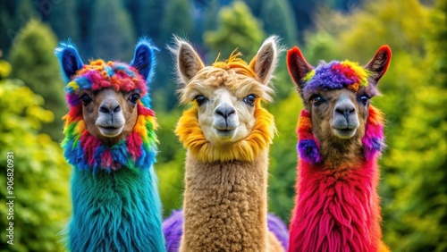 Three colorful alpacas standing in a row , alpaca, animal, wool, cute, fluffy...