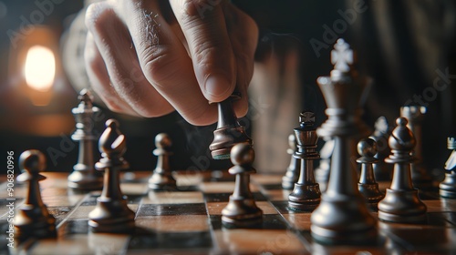 Hand Holding a Chess Piece: A hand moving a chess piece, making a strategic move on the board. 