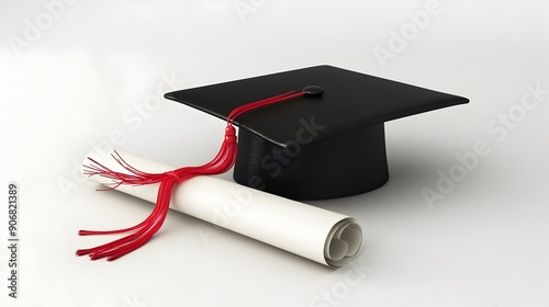 Graduation Cap and Diploma Isolated on White Background with Studio Lighting