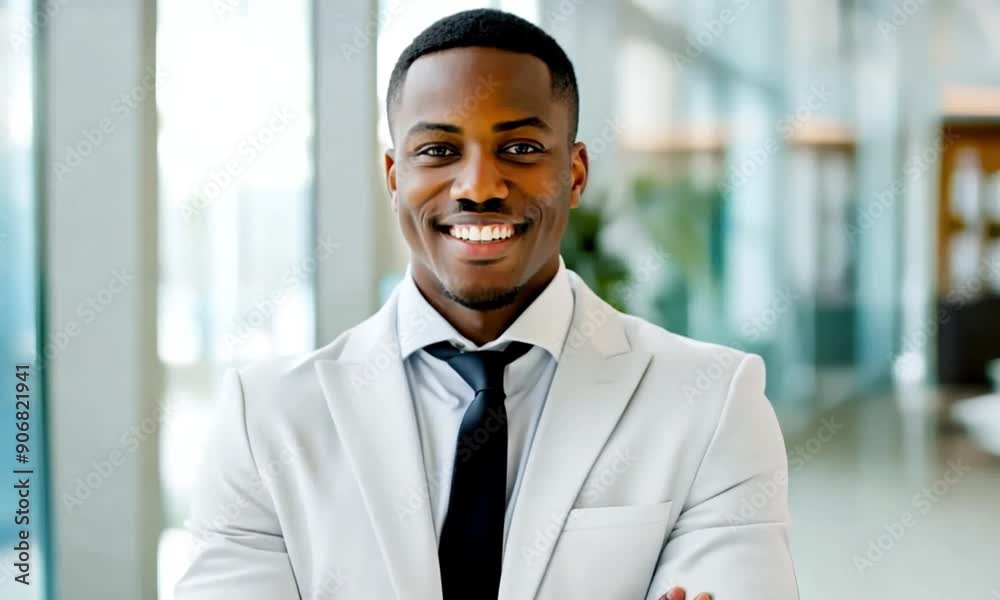 Confident young businessman in a white suit, standing with arms crossed in a modern office building, smiling and looking at the camera Confident young businessman in a white suit, standing with arms crossed in a modern office building, smiling and looking at the camera