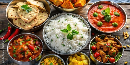 Delicious Indian meal with basmati rice and assorted vegetables , Indian, food, rice, vegetables, curry