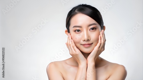 Portrait of a woman gently holding her face, showcasing skincare, beauty, and a fresh complexion in a minimalist, clean studio setting.