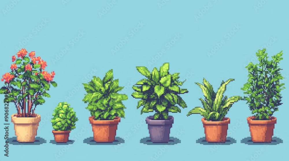 Pixel art set of potted plants, featuring different types and vibrant colors in 8-bit style Pixel art set of potted plants, featuring different types and vibrant colors in 8-bit style