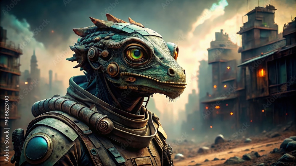 Fototapeta premium Lizard saurian humanoid wearing protective gear in post-apocalyptic world, lizard, saurian