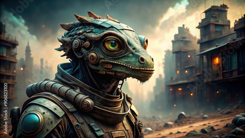 Lizard saurian humanoid wearing protective gear in post-apocalyptic world, lizard, saurian