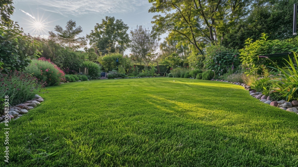 Lush green backyard with vibrant plants under bright morning sunlight Lush green backyard with vibrant plants under bright morning sunlight