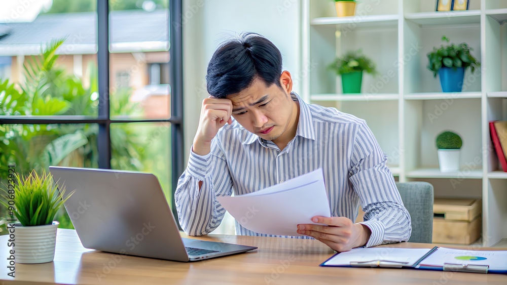 Stressed man reviewing financial documents at his desk, showing financial pressure, decision-making, and work-related stress in a home office. Stressed man reviewing financial documents at his desk, showing financial pressure, decision-making, and work-related stress in a home office.