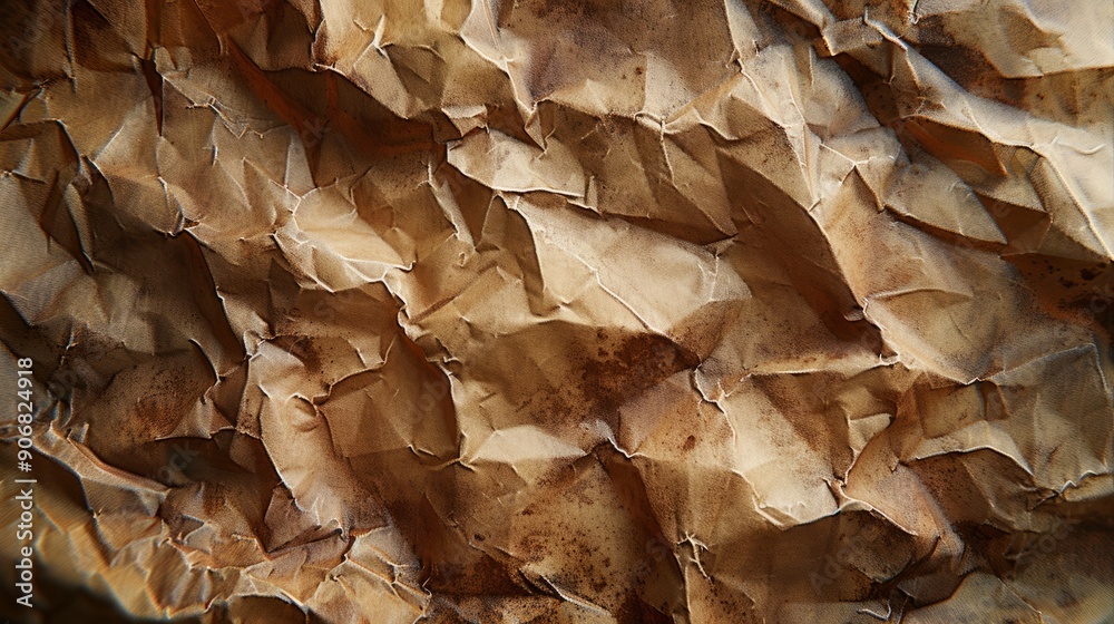 Textured aged wrinkled brown sheet of paper with creases and spots Textured aged wrinkled brown sheet of paper with creases and spots
