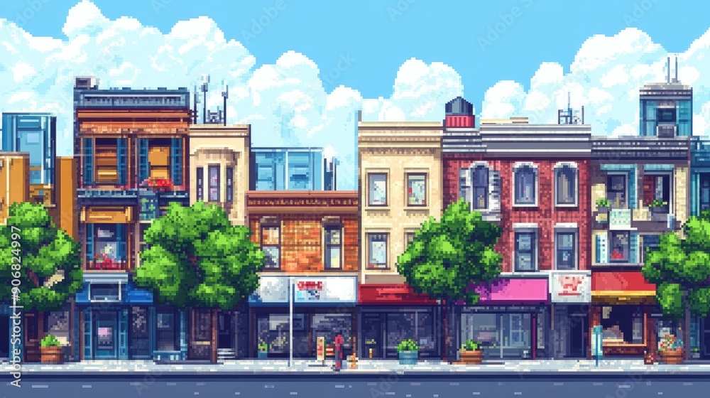 Retro city in 8-bit pixel art, showcasing a vibrant urban landscape with nostalgic vibes. Retro city in 8-bit pixel art, showcasing a vibrant urban landscape with nostalgic vibes.