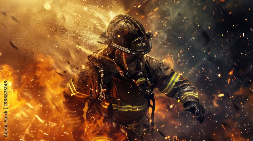 professional firefighter in suit in the middle of fire and smoke with copy space professional firefighter in suit in the middle of fire and smoke with copy space