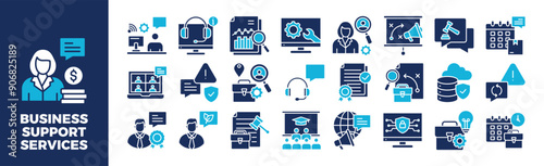 Business Support Services Icon Set For Design Elements, communication, customer, office, center, technology	