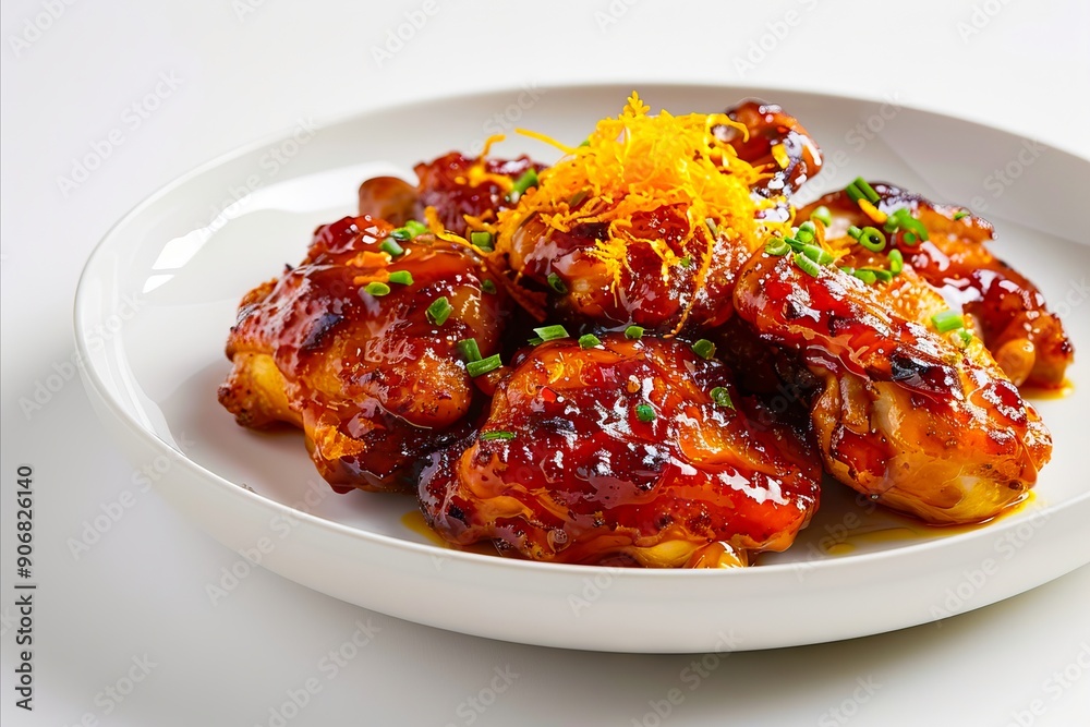 A white plate topped with chicken wings covered in sauce