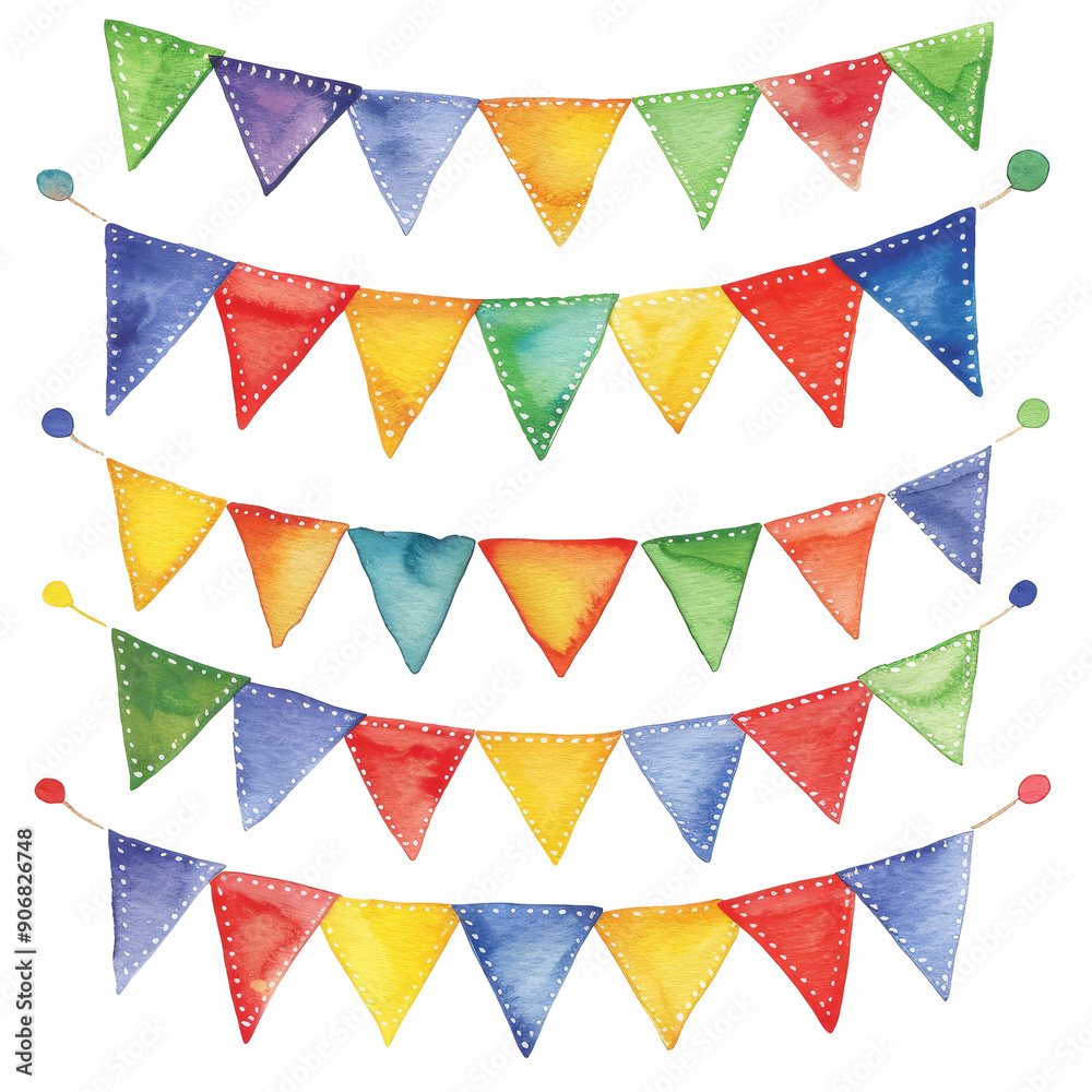 Set of colorful bunting flags in vibrant hues strung across with small decorative balls, isolated on white. Festive decoration and celebration concept. Set of colorful bunting flags in vibrant hues strung across with small decorative balls, isolated on white. Festive decoration and celebration concept.