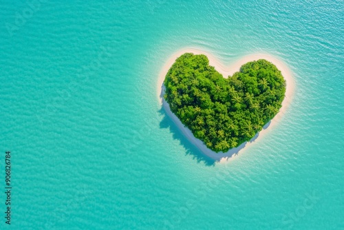 Heart Island Paradise, Aerial view of heart-shaped tropical island in turquoise waters, Romantic Escape.