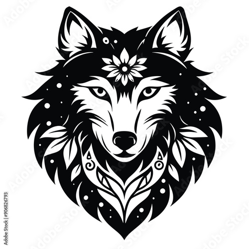 Black and White Wolf Head with Floral Ornamentation