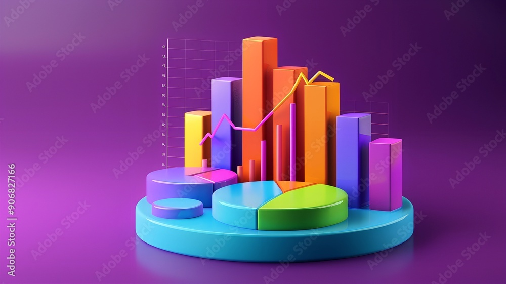 3D bar and pie charts on a purple background, ideal for data analysis and financial presentations 3D bar and pie charts on a purple background, ideal for data analysis and financial presentations