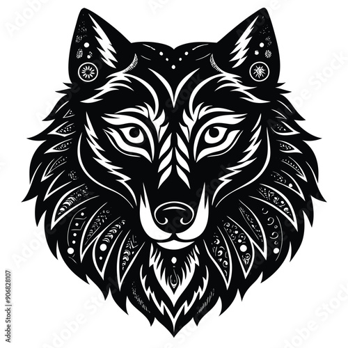Ornate Black and White Wolf Head Illustration