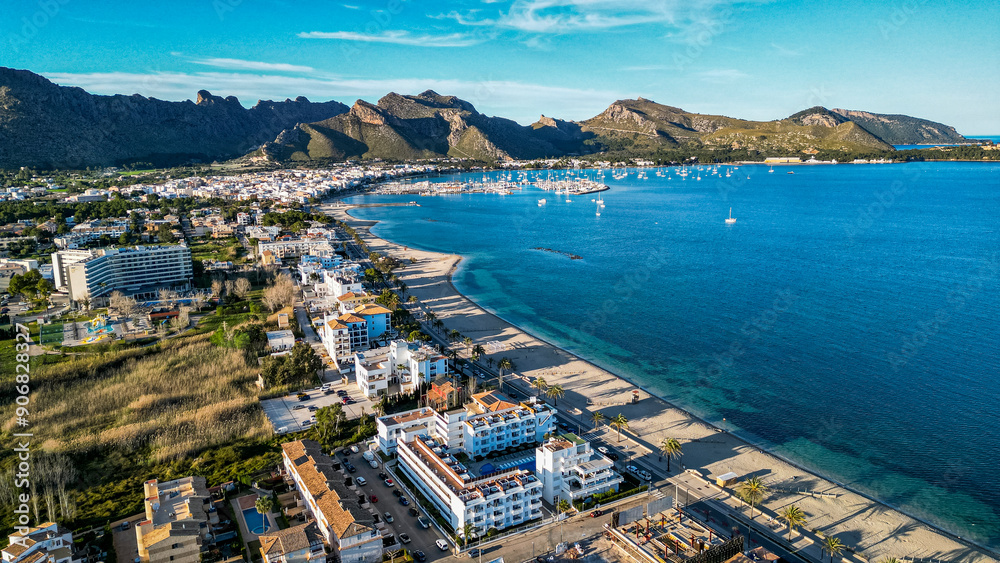 Aerial of Port de Pollenca, Mallorca, Balearic islands, Spain, Mediterranean, Europe Aerial of Port de Pollenca, Mallorca, Balearic islands, Spain, Mediterranean, Europe