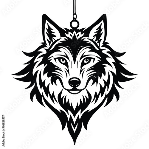 Stylized Black and White Wolf Head with Pendant