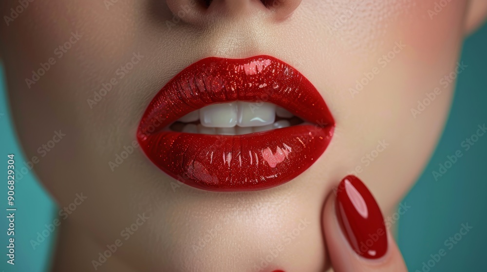 Obraz premium Close-Up Of Woman With Red Lips, Perfect Skin, Teeth And Nail Polish On Turquoise Background, advertising cosmetics, lipstick and nail polish