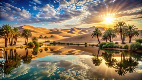 Mystical mirage of a shimmering oasis in the desert , illusion, dream, fantasy, magical, surreal, ethereal, enchanting