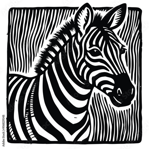 Black and White Woodcut Illustration of a Zebra's Head