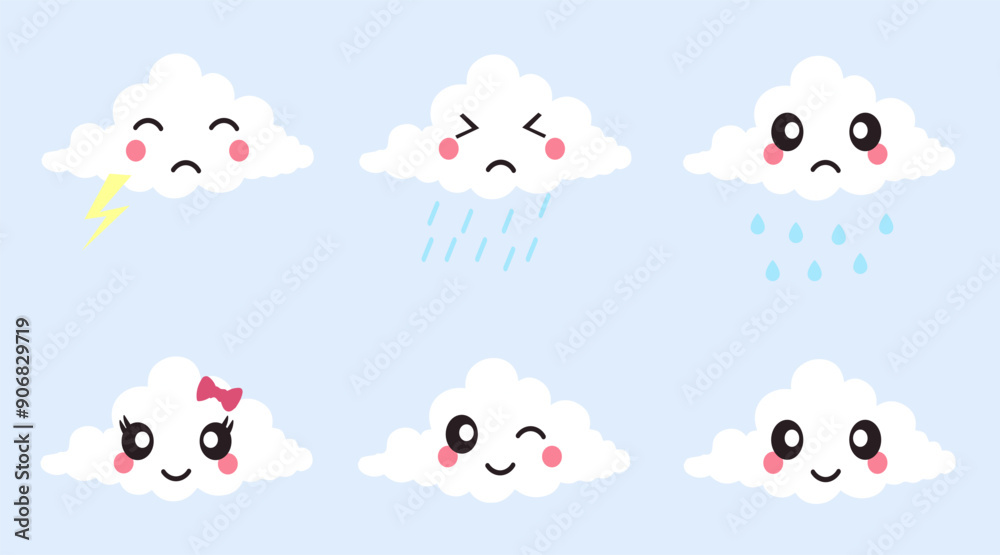 Cute cloud characters set. Cloud symbols, weather icons, nature design. Vector illustration of icons for design. Cute cloud characters set. Cloud symbols, weather icons, nature design. Vector illustration of icons for design.