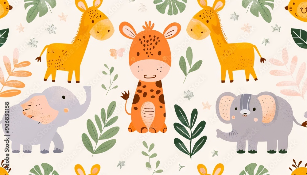 A pattern of cute animals and plants on a white background A pattern of cute animals and plants on a white background