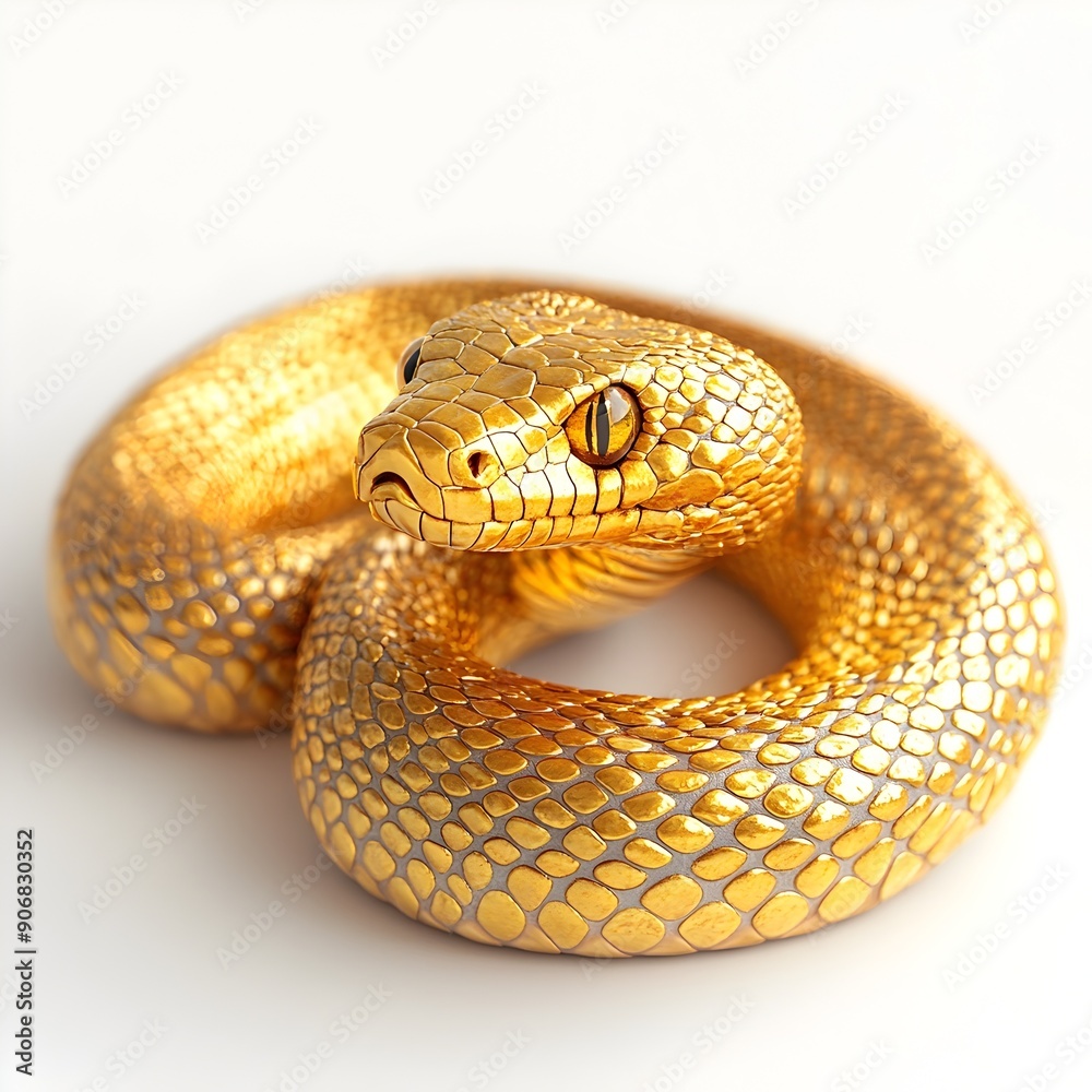 Fototapeta premium Metallic Golden Snake Coiled on White Background