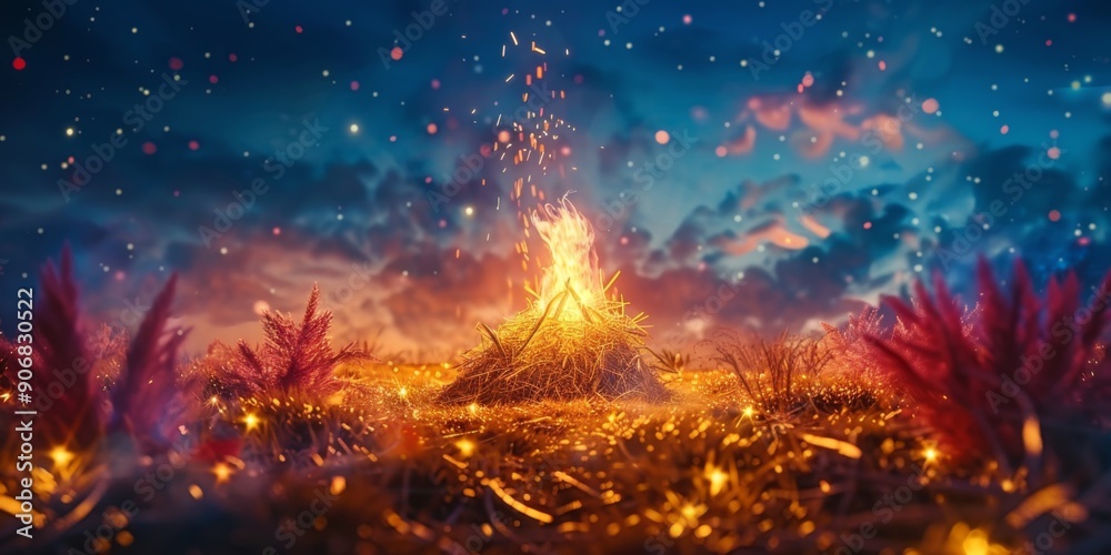Fototapeta premium Easter Celebration: A Close-up of a Bonfire's Warm Glow, Straw Decorations, and People Dancing in a Starry Night Sky Illuminated by Festive Lights