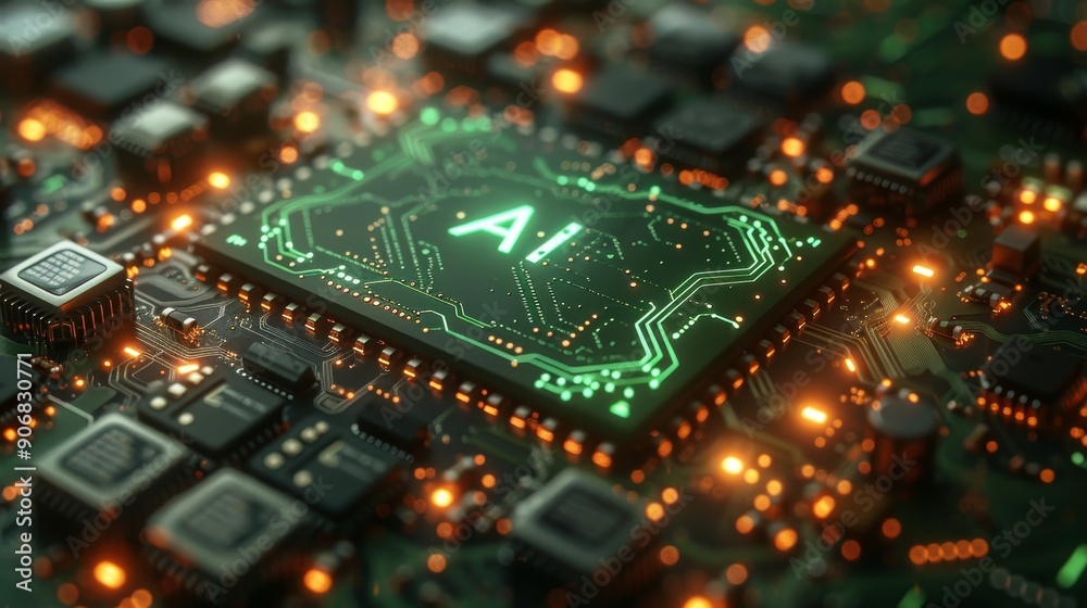 Green AI Chip Glowing on a Circuit Board, Representing Advanced Technology and Innovation. Green AI Chip Glowing on a Circuit Board, Representing Advanced Technology and Innovation.