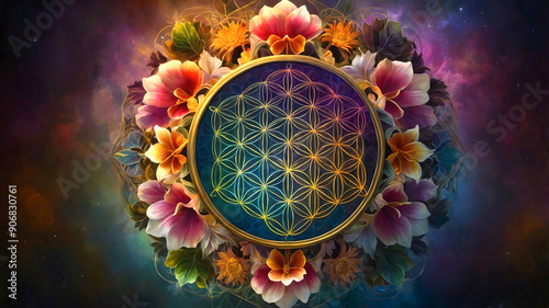 Abstraction of the Flower of Life and Sacred Geometry - Mandala Art with Rainbow Colors and Intricate Patterns — Ideal for Banner, Background, Wallpaper, Advert, Design, Business, Promotion photo