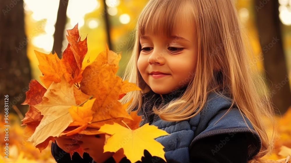 Young Child Collecting Vibrant Autumn Leaves in a Sunlit Forest Young Child Collecting Vibrant Autumn Leaves in a Sunlit Forest