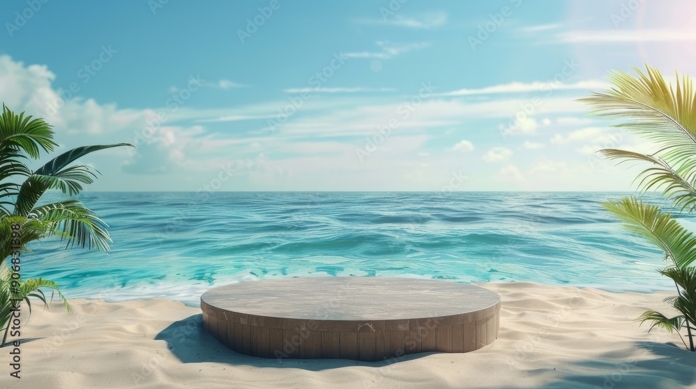 Beach podium set up for summer event on sandy shore with ocean background Beach podium set up for summer event on sandy shore with ocean background
