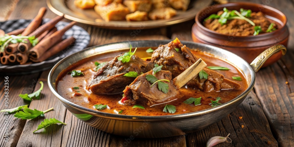 Traditional Nihari dish with flavorful gravy and tender meat pieces on background, Nihari, Pakistani cuisine, spicy