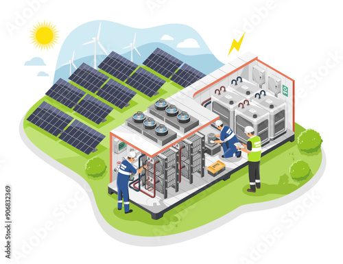 flow batteries engineer team installation isometric Vanadium redox battery cell container station to storage eco green energy from solar cell and wind turbine simple concept isolated illustration