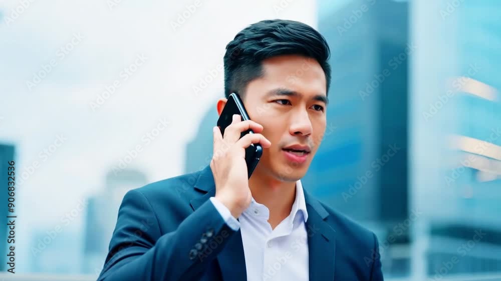 Businessman, young asian man, wearing blue suit talking on smartphone with worried expression while standing in urban environment with blurred skyscrapers in background Businessman, young asian man, wearing blue suit talking on smartphone with worried expression while standing in urban environment with blurred skyscrapers in background