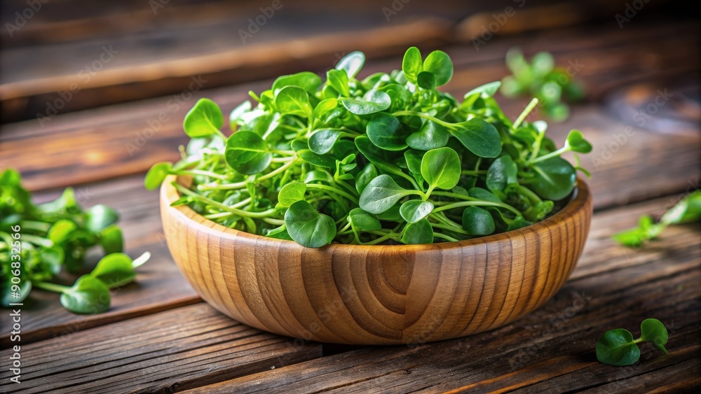 Close-up of freshly harvested watercress in a wooden bowl, watercress, fresh, green, vibrant, organic, healthy Close-up of freshly harvested watercress in a wooden bowl, watercress, fresh, green, vibrant, organic, healthy