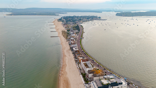Aerial view of Sandbanks, a narrow spit of land extending into Poole Harbour, with Studland and Brownsea Island beyond, Dorset, England, United Kingdom, Europe