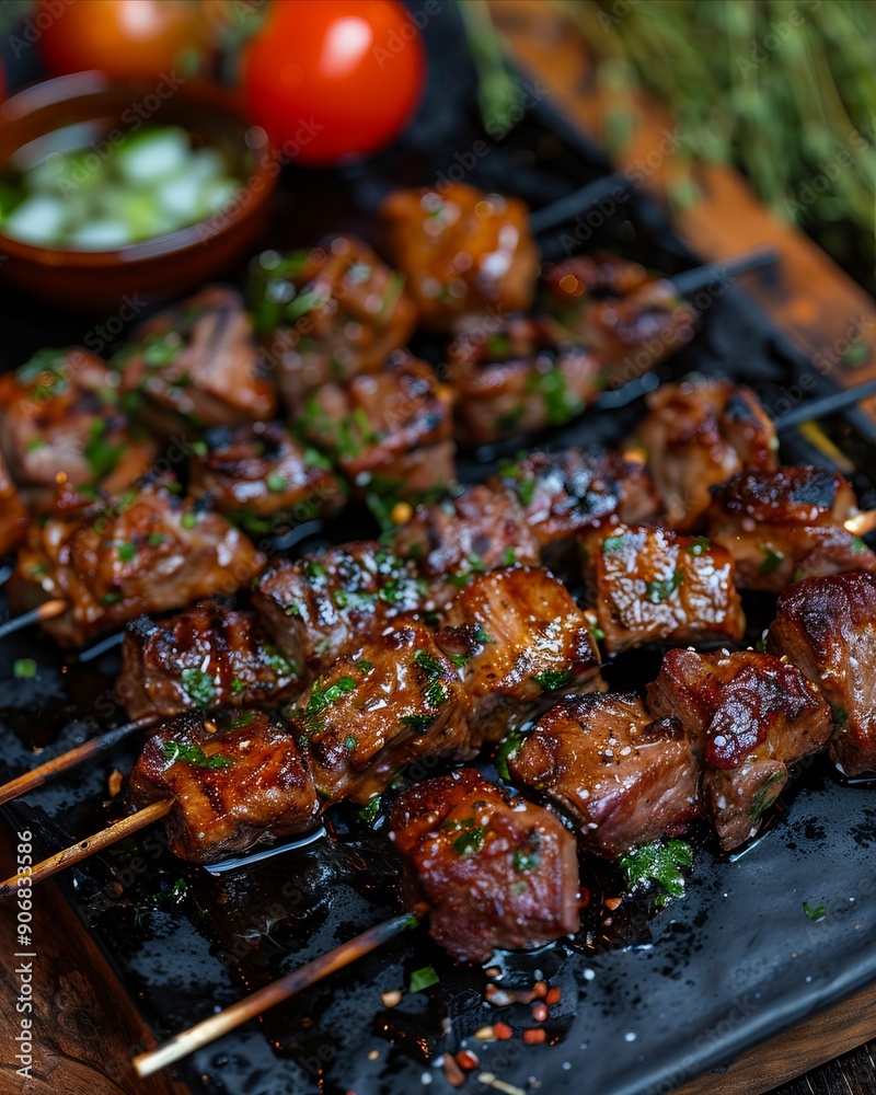 A black plate topped with meat skewers covered in sauce