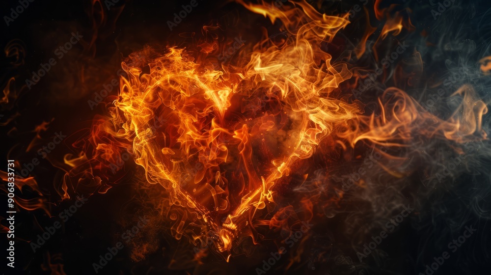 Abstract fire heart flame emitting passionate smoke against dark background Abstract fire heart flame emitting passionate smoke against dark background