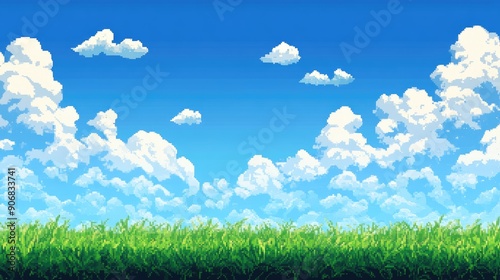 Retro pixel art game background with a landscape of blue sky, clouds, and grass, perfect for arcade games.