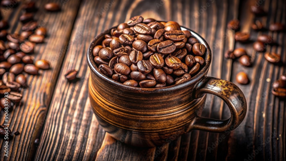 Fototapeta premium A close-up shot of coffee beans in a rustic cup, coffee, beans, cup, beverage, drink, morning, aroma, caffeine, roasted, delicious